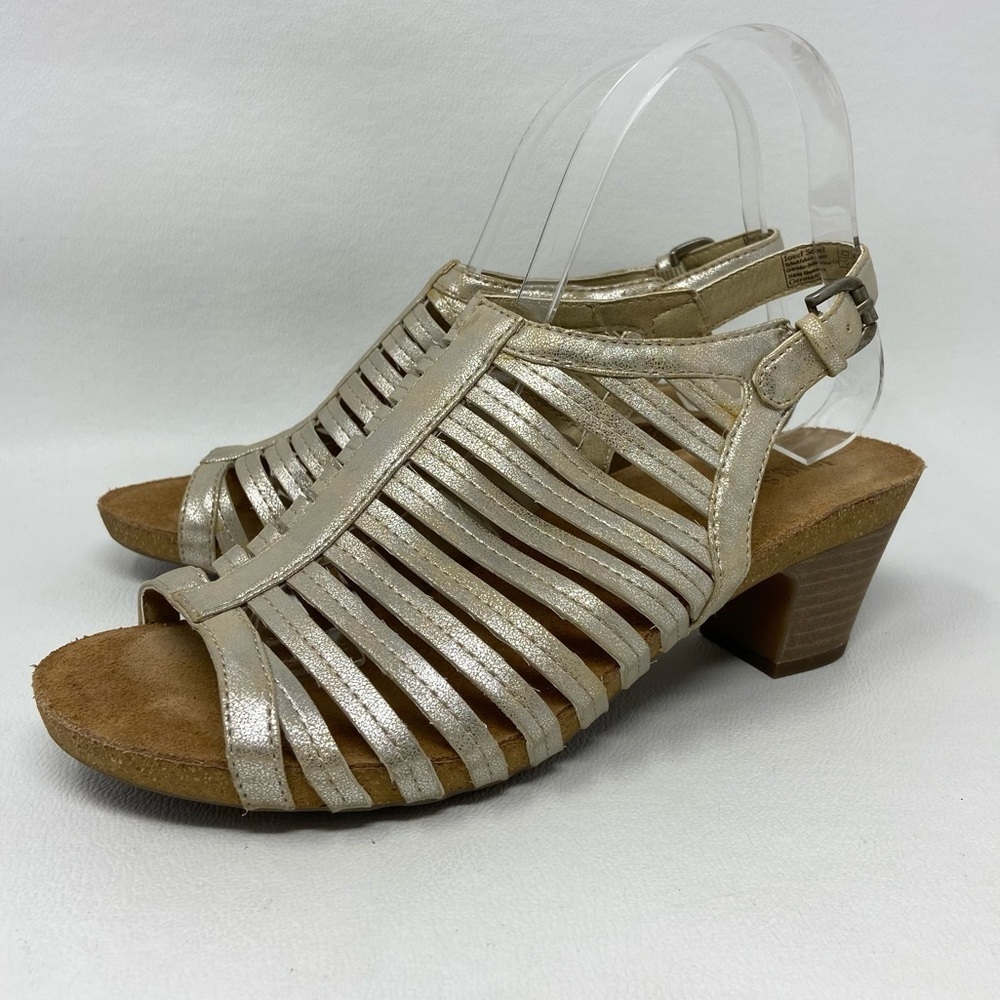 Josef Seibel Ruth Metallic Gold Leather Caged Heel Sandals 78921